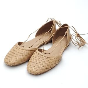 MADEWELL The Celina Lace-Up Flat Woven Ankle-Tie Leather Shoes Tan Ballerina 9